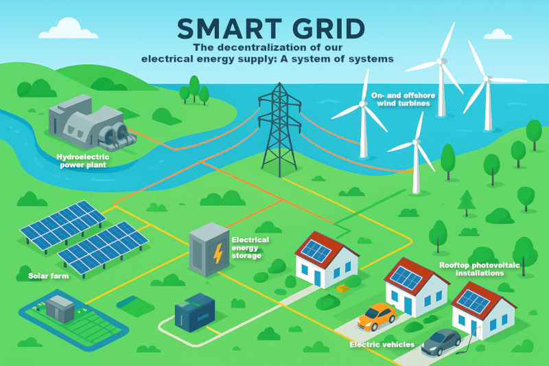 A modern infographic illustrating the smart grid, the decentralization of our electrical energy supply as an example for a system of systems.